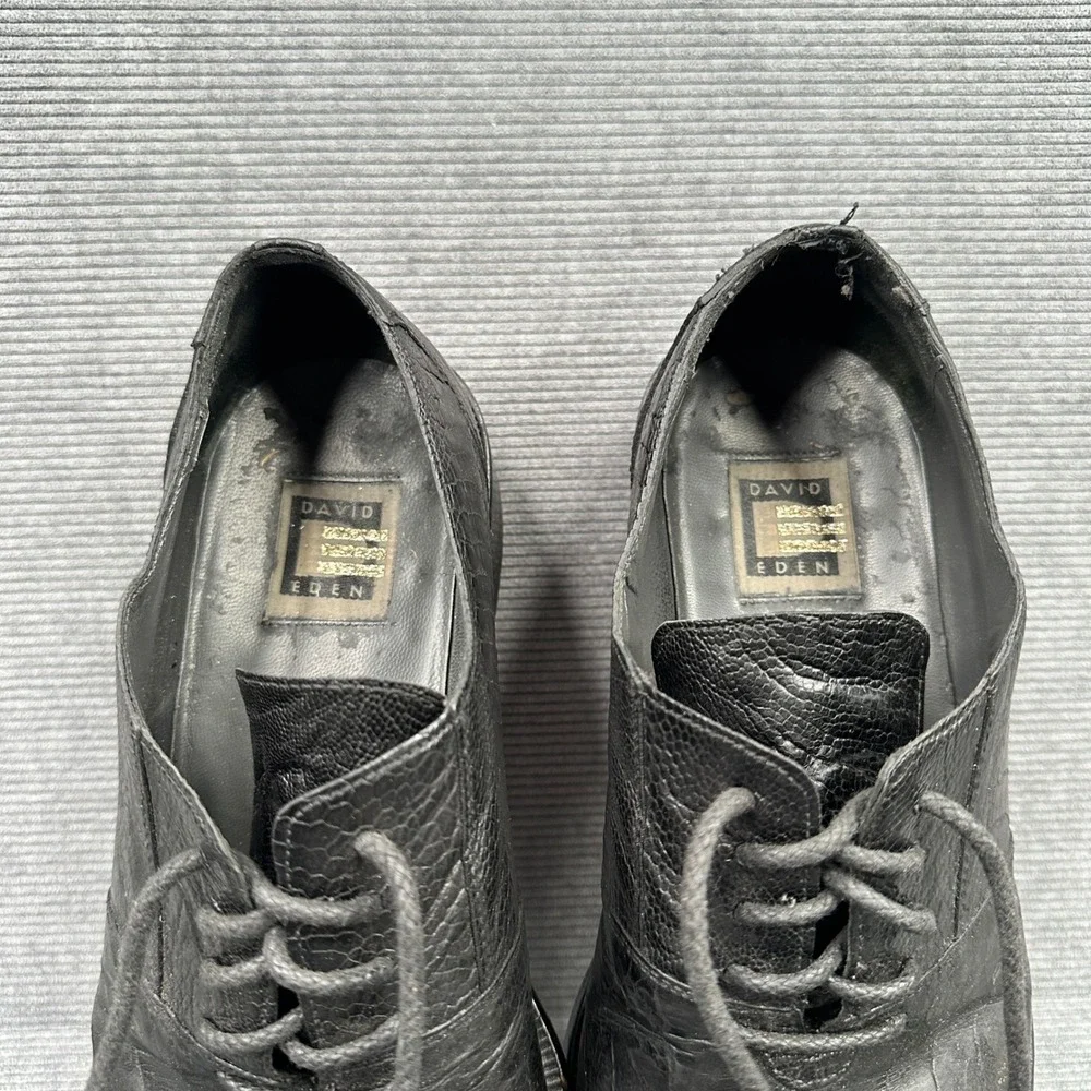 David‎ Eden Mens Black Exotic Ostrich Crocodile Embossed Leather Oxfords 10.5